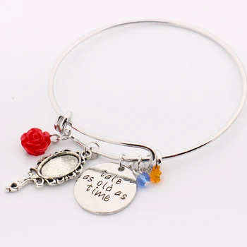 

Beauty and the Beast Women Charm Bracelet"Tale as old as Time"Letter Pendant Belle Rose Jewelry Adjustable Bangle Wholesale