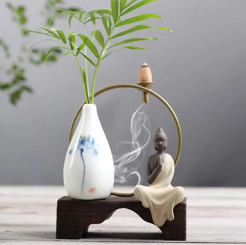 

NOOLIM Living Room Small Flower Container Chinese Home Ceramic Zen Hand-painted Celadon Vase Little Monk Backflow Incense Burner