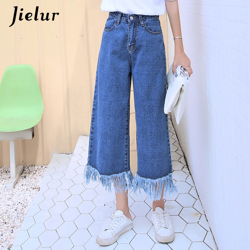 Jielur 2019 Solid Color Wide Leg Pants Tassel Pockets