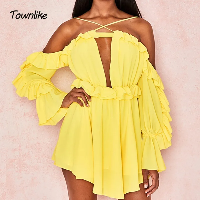 

Townlike Cross Spaghetti Strap Mini Summer Dress A Line Chiffon Beach Dress Long Flare Sleeve Backless Sexy Dresses 2019
