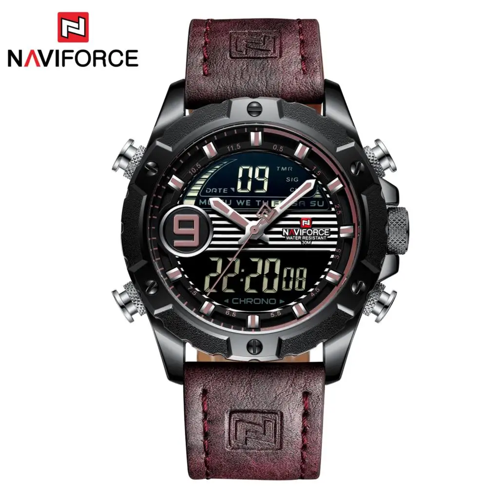 2019 NAVIFORCE брендовые новые мужские часы цифровые кожаные спортивные с хронографом
