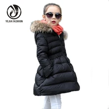Yejia Fashion 2016 Winter Fur Collar Hooded Girl Long Parkas Black Red Thick Warm Padded Coat