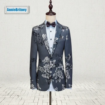 Najtaniej 2017 Najnowszy Garnitur Fasony Spodni Palenia Szary Kwiatowy Mężczyzn Garnitur Moda Wzór Marynarka Kombinezony Slim Fit Niestandardowe Tuxedo Masculino