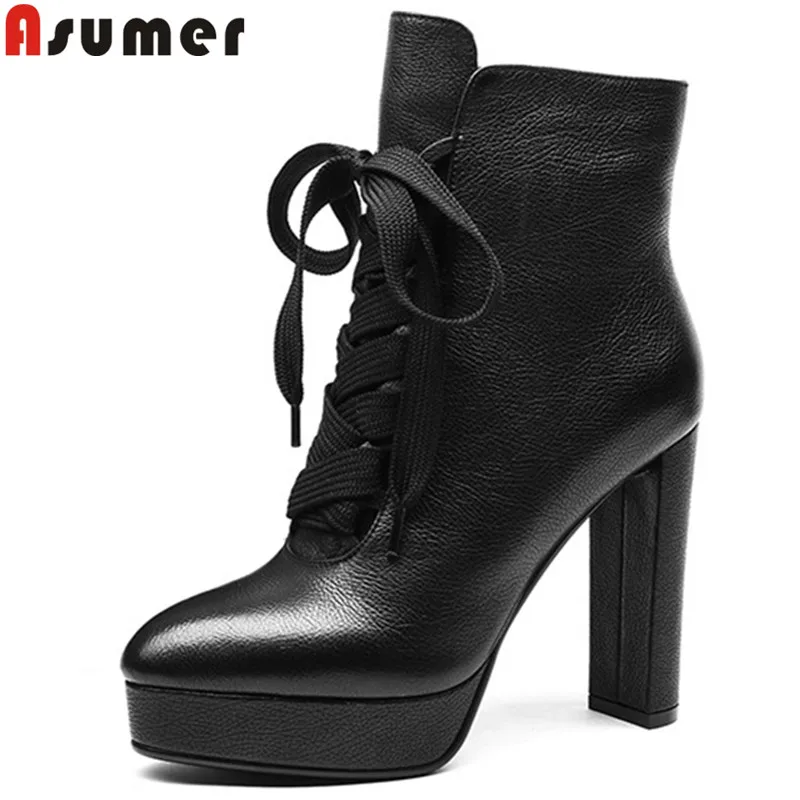 ASUMER black fashion natural genuine leather boots round toe platform