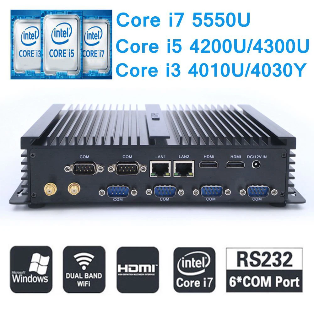 Core i7 4500U Mini PC Windows i5 i3 безвентиляторный промышленный компьютер 6 * RS232 COM Dual LAN