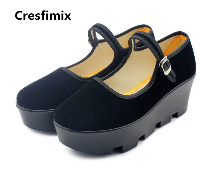 Women Cute Comfortable Black Flat Platform Shoes Lady Cool Stylish Black Dance Shoes Female Spring & Summer Buckle Shoes E2056