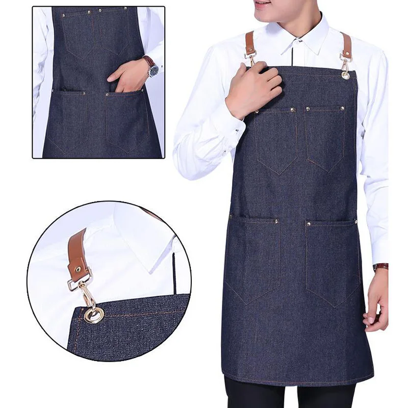 

Cafe Restaurant Chef Denim Apron Butcher Kitchen Cooking Baking 4 Pocket Leather Strap Workwear Chef Studio Uniform