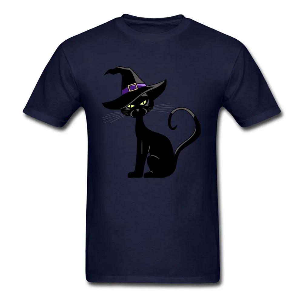 Tops & Tees Cat in Witch Hat Lovers Day Short Sleeve Pure Cotton Round Collar Men Tshirts Simple Style T Shirt New Design Cat in Witch Hat navy