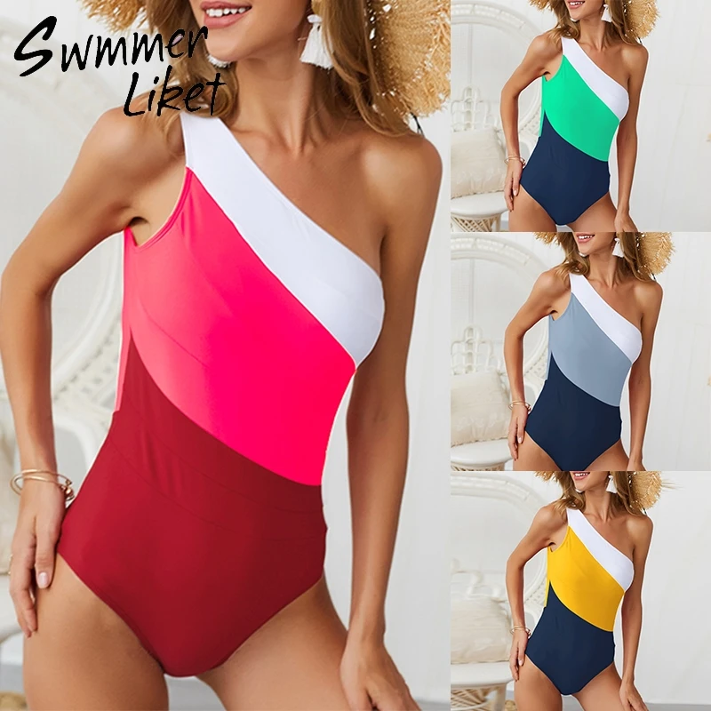 

One shoulder large szie swimwear women monokini 2019 Patchwork push up female swimsuit one pieec bodysuits Brazilian sexy bikini