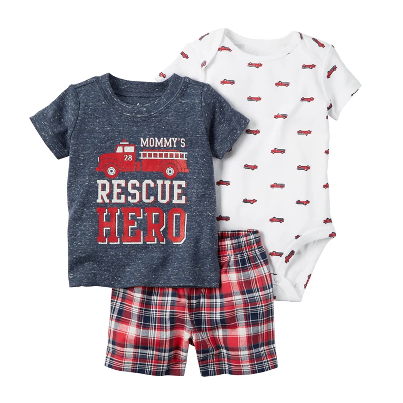 2018 New Summer bebes boys rompers suit 3pcs Baby boy Clothes set, Rescue Hero Short sleeve and shorts cotton kid clothing set