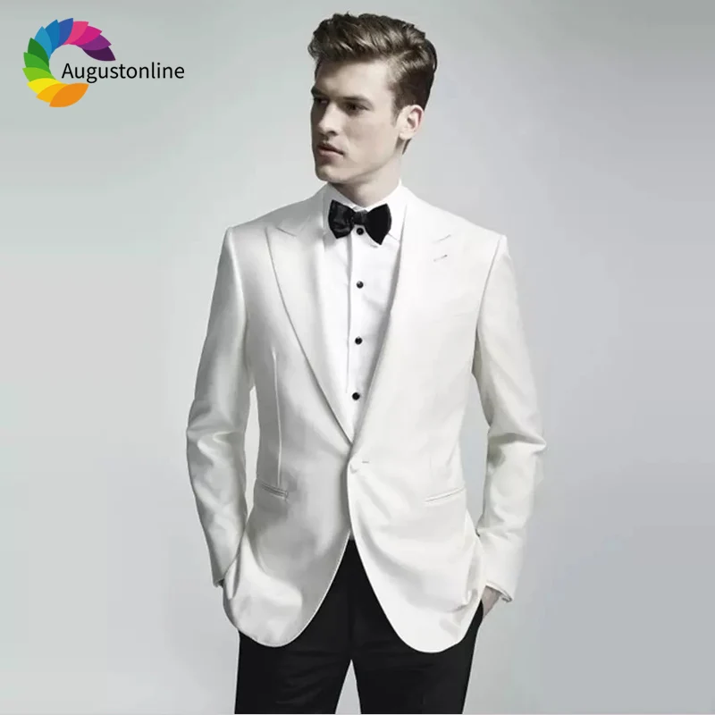 

White Slim Fit Wedding Suits Groom Wear Tuxedos Prom Party 2 Pieces (Jacekt+Pants) Bridegroom Men Suits Best Man Blazer