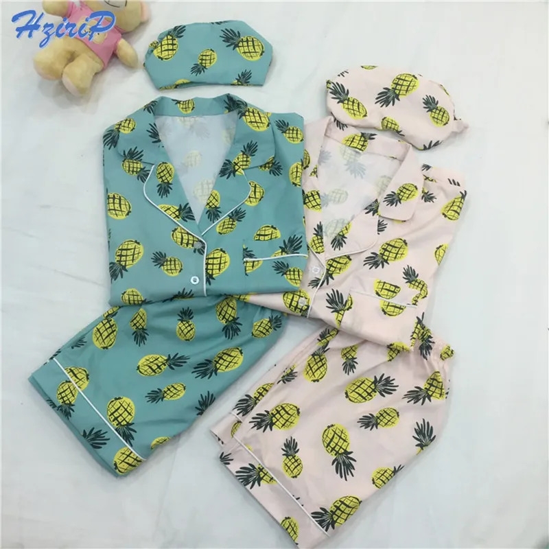 

Hzirip 3 Pcs Pajamas Set Women 2017 New Striped Cartoon Pineapple Print Shirt+Shorts+Blinder/Headband Sleepwear Pyjamas Pajamas