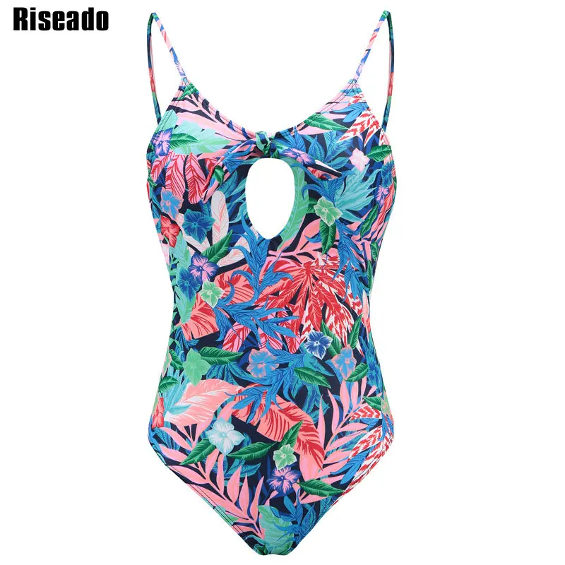 

Riseado 2019 Keyhole One Piece Swimsuit Sexy Strap Swimwear Women Bathing Suits Floral Printing Swimsuits Bow Beachwear