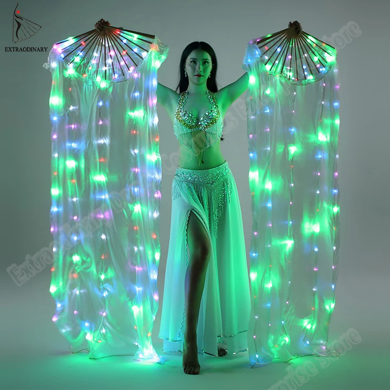 Шелковый веер для танца живота, светодиодный светильник для фанатов, блестящий плиссированный карнавальный светодиодный светильник для фанатов, реквизит для сцены, аксессуары для костюма