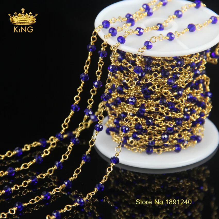 5meter/lot Blue Crystal Glass Beads Chain 14k Plated Gold Chain Fashion