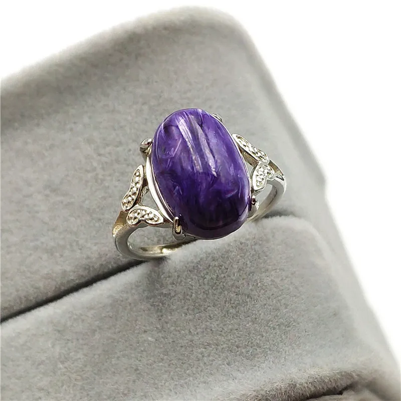 

Natural Purple Charoite Adjustable Ring Gemstone 14x10mm Woman Men Anniversary Gift Beads 925 Sterling Silver Ring Jewelry AAAA