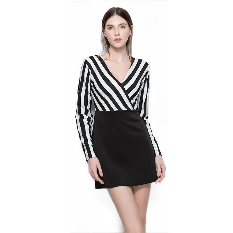 

Fast selling foreign trade 2019 new European and American V collar stripes splice long sleeves wrapped hip dress women