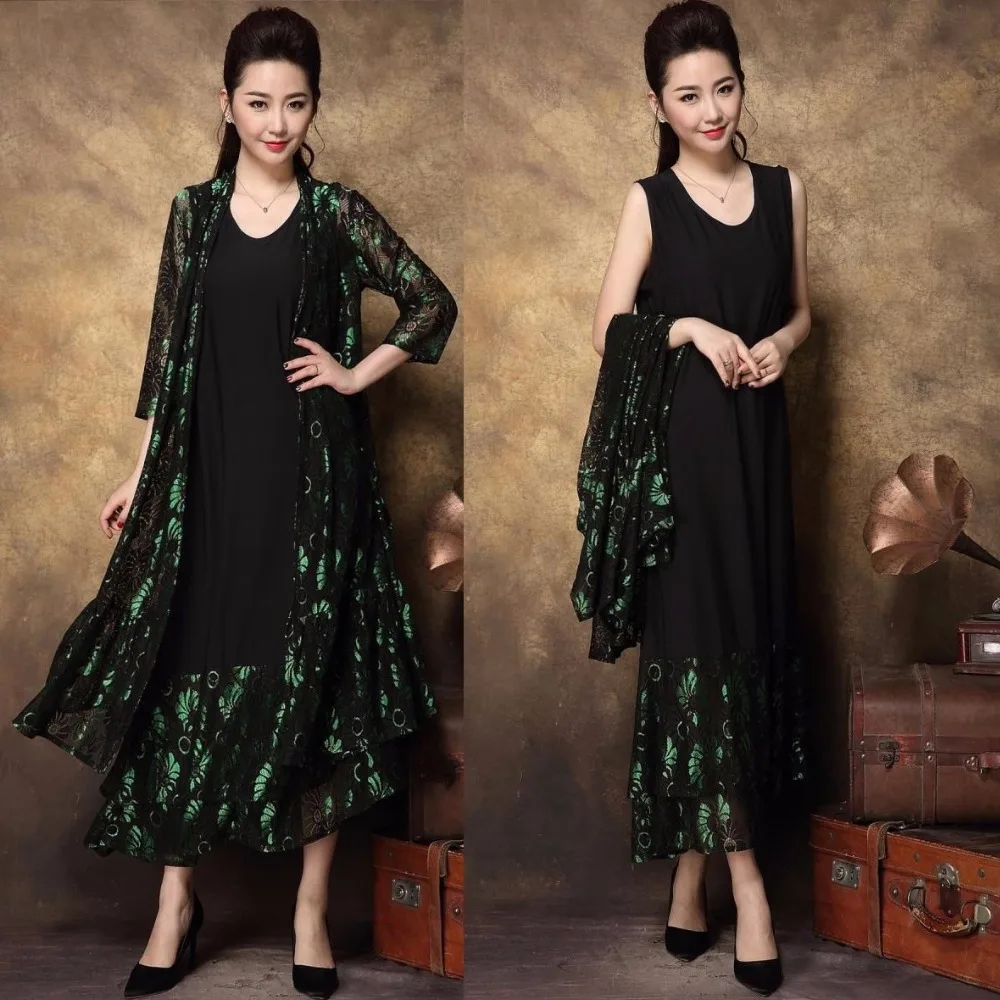 

New2017Spring Middle Age Women Plus size Elegant party Dress twset lace patchwork high-end temperament long dress vestidos XXXXL