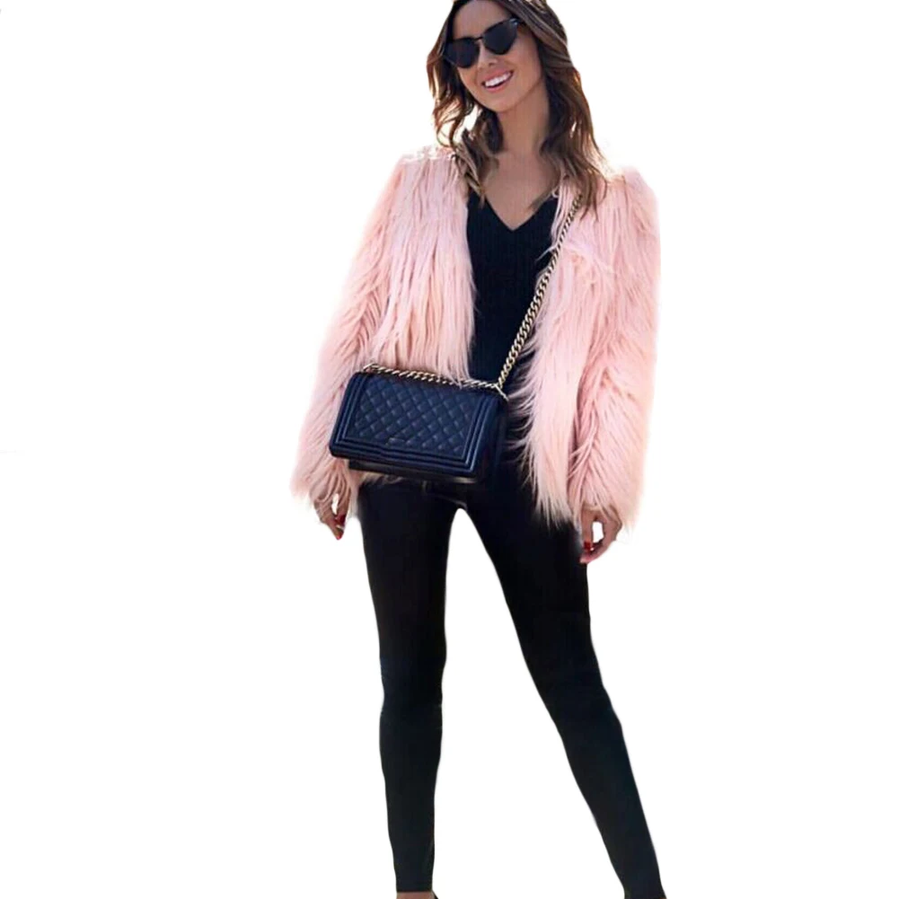 

2019 New Fashion Autumn Winter Women Faux Fur Coat Solid Color Long Sleeve Fluffy Outerwear Short Jacket Hairy Warm Overcoat