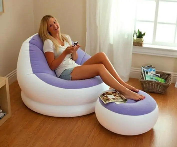 Updated inflocking pvc living room bean bag air sofa, hangout instant inflated never loose air beanbag seat with ottoman stool