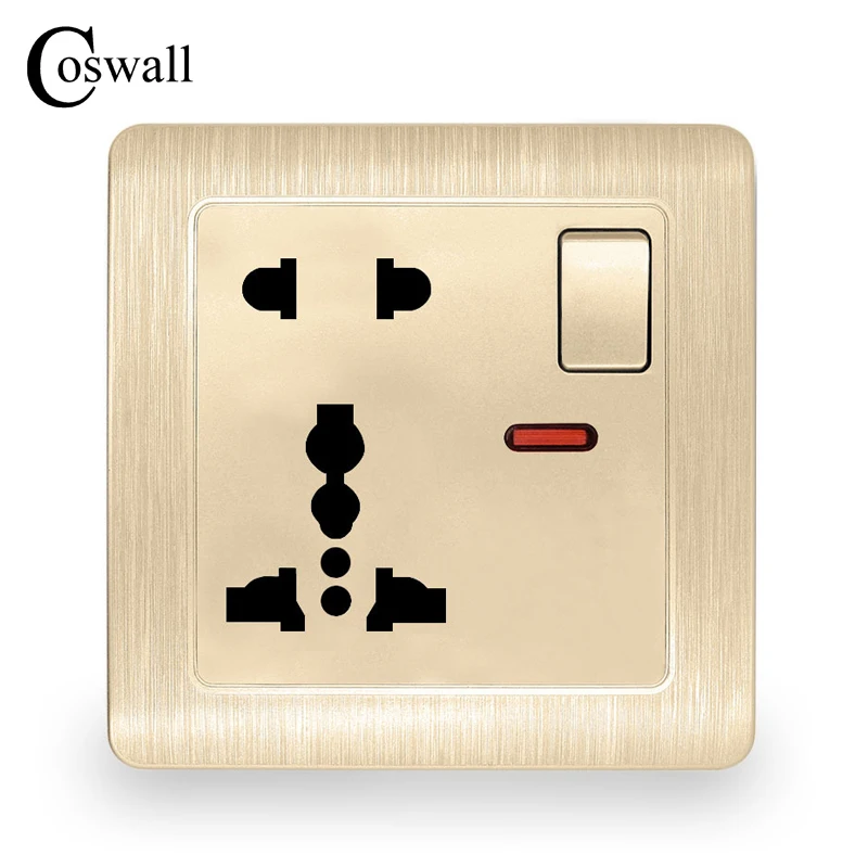 

Coswall Wall Power Socket 13A 1 Gang Universal 5 Hole Switched Outlet With Red Neon Indicator Brushed Gold Panel