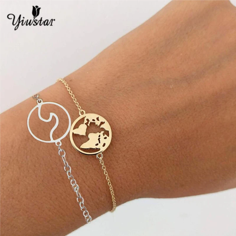 yiustar Gold World Map Stainless Steel Bracelets For Women Wave Bracelets Pendant Beach Jewelry Earth Map Christmas Gifts