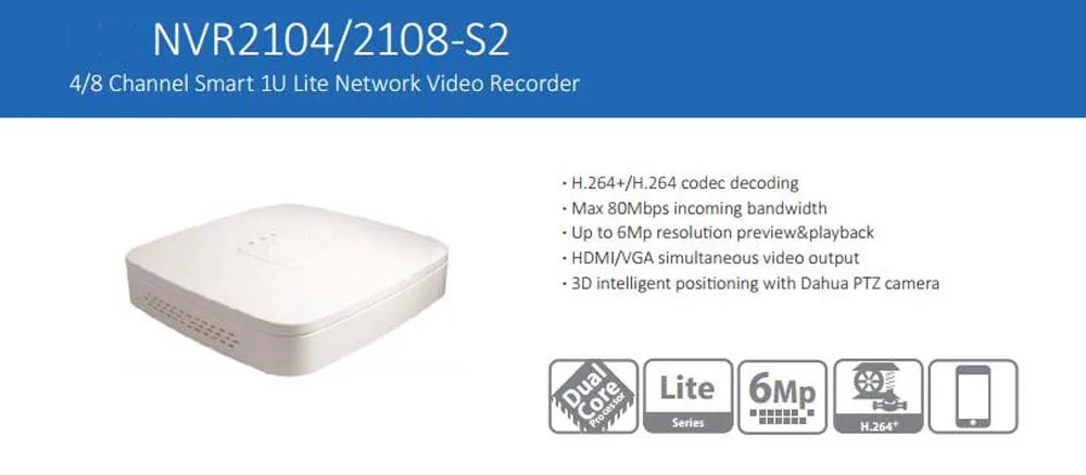 DAHUA Mini 4ch/8ch Smart 1U NVR support MAX 6MP Recording Resolution Onvif 2.4 Support 1HDD NVR2104-S2/NVR2108-S2