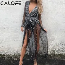 Бикини, Пляжное платье для женщин, с блестками, Сетчатое, глубокий v-образный вырез, платье для плавания, с длинным рукавом, vestidos, высокая талия, Раздельный купальник, Белая Туника, накидка