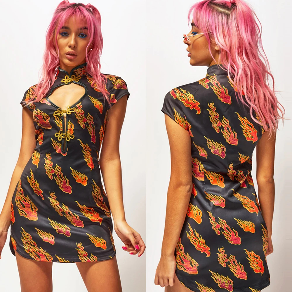 

New Fashion Women Dress Chinese Style Short Sleeve Hollow Out Top Printed Bodycon Evening Party Sexy Short Mini Dress