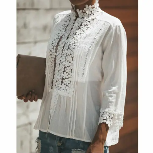 

Women Lace Hollow Blouses 3/4 Sleeve Ladies White Shirt 2019 Summer Casual Blouse Tops Streetwear Woman Clothes