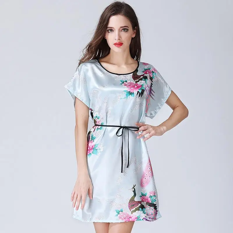 Модные женские летние мини халат Китайский для женщин Шелковый район ванной платье короткие юката Ночная рубашка пижамы Pijama Mujer один раз - Цвет: Baby Blue