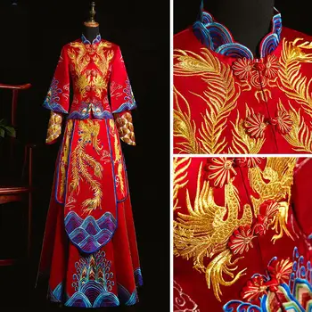 

Women Embroidery Phoenix Evening Gown Vintage Chinese Traditional Dress In Cheongsam For Wedding Ancient Button Qipao