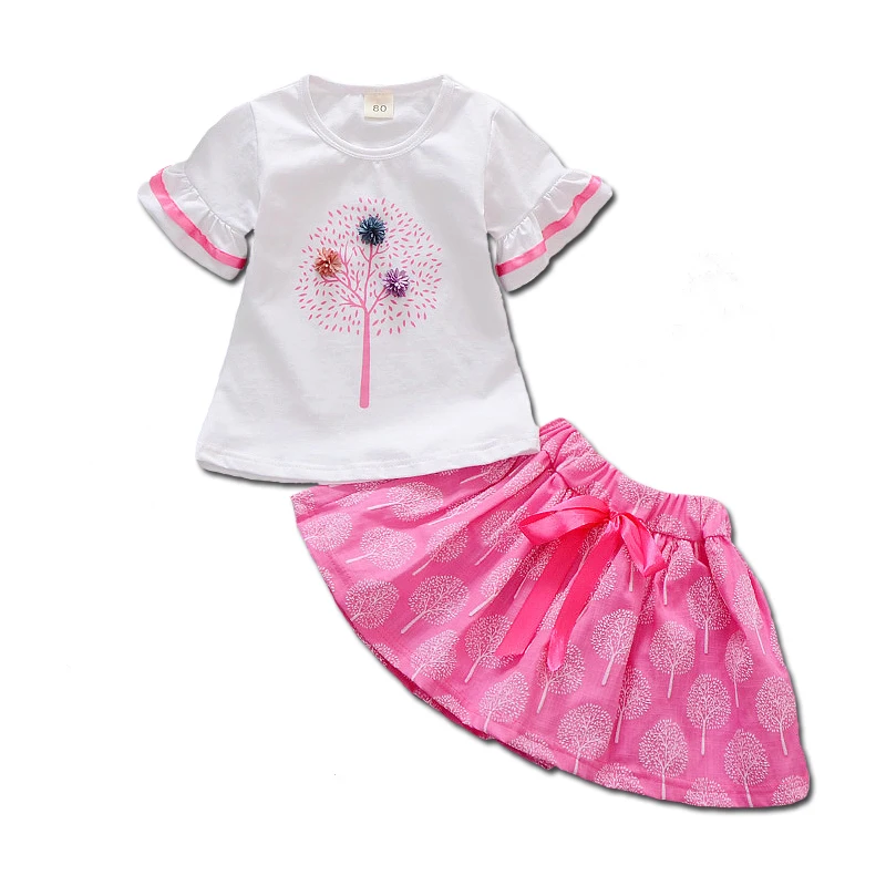 

Newest 2017 Summer Baby Girls Suits Cotton Infant Wear Clothes Sets Flare Sleeve T Shirt+Skirt 2 Pcs Flowers Kids Children Suits