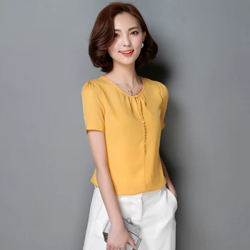 

Elegant Women Solid Chiffon Short Sleeve Office Shirt Blouse Shirts Women Blouses Pink White Yellow Red Tops W6
