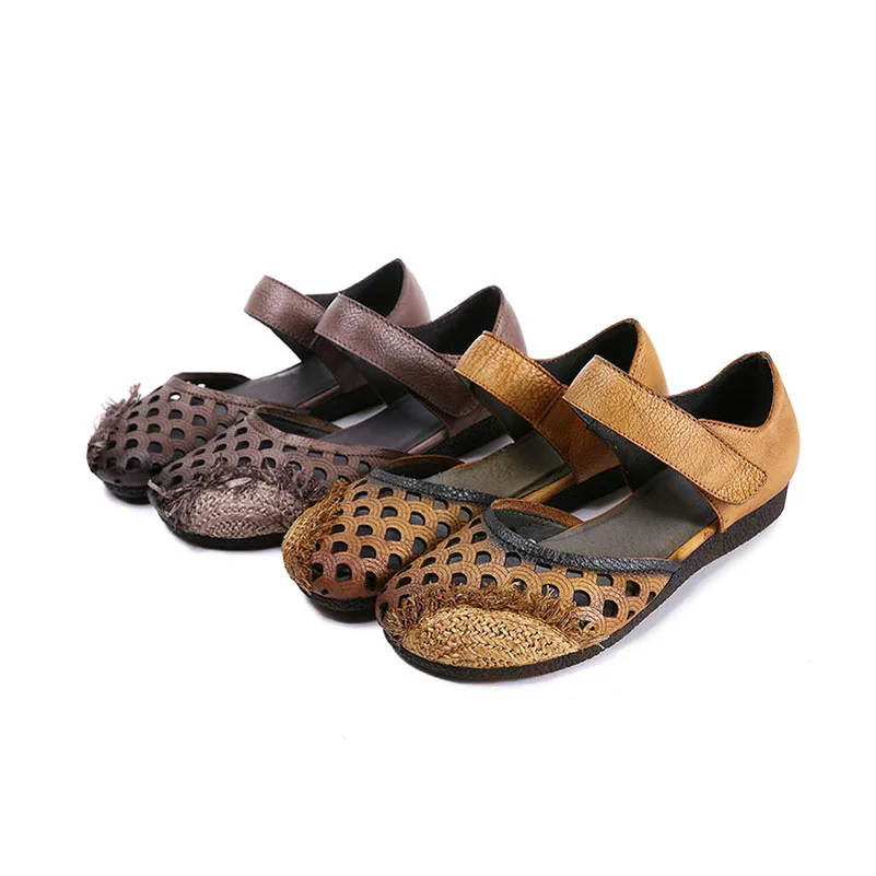

QPFJQD Summer Retro Hollowed-Out Hook Loop Shoes Women Genuine Leather Sandals Round Toe Soft Comfortable Flats Spring Autumn