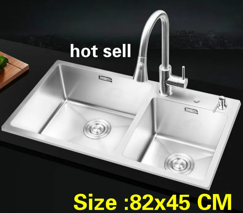 

Free shipping Apartment luxury big kitchen manual sink double groove do the dishes 304 stainless steel vogue hot sell 82x45 CM