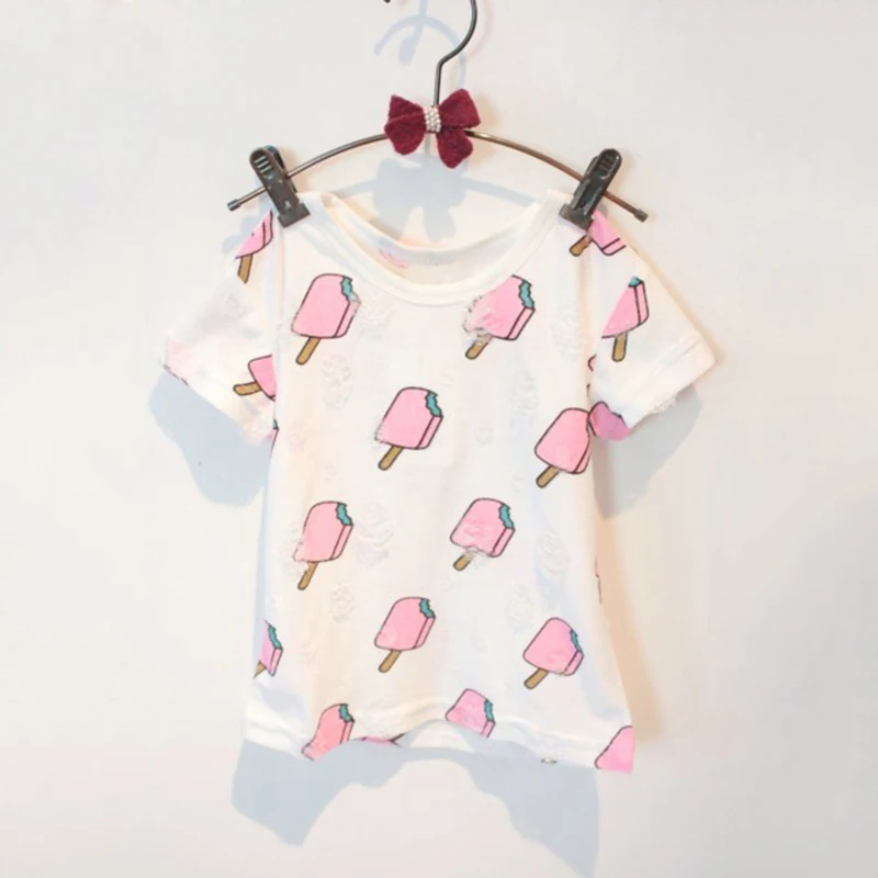 الاطفال الفتيات الملابس مجموعة الصيف الاطفال فتاة الملابس لطيف الجليد كريم حفرة تي شيرت + مخطط القوس قصيرة دعوى 2 قطع الملابس
