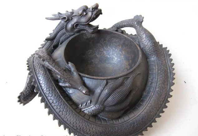 

Elegant old S0420 Chinese Palace pure bronze Copper carved wreathe Dragon ashtray statue (A0322) A0403