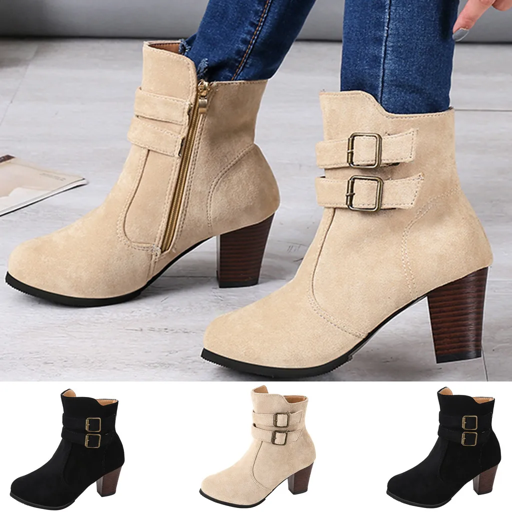 

Women's Boots Rome Plus Size Side Zipper With Belt Buckle Chunky Heels Boots Female Comfortable Spring Autumn Shoes C50#