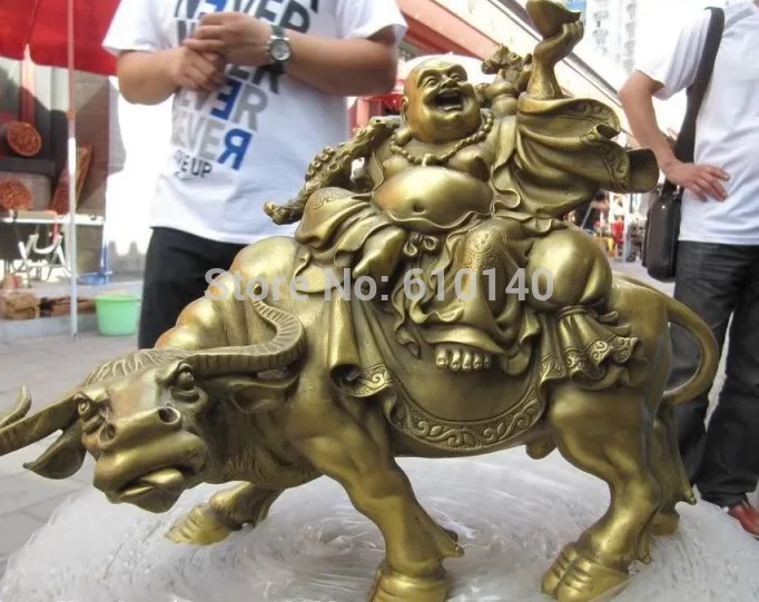 

11 Chinese Folk Brass refined Money Maitreya Rohan Sit on cattle Bull ox Statue