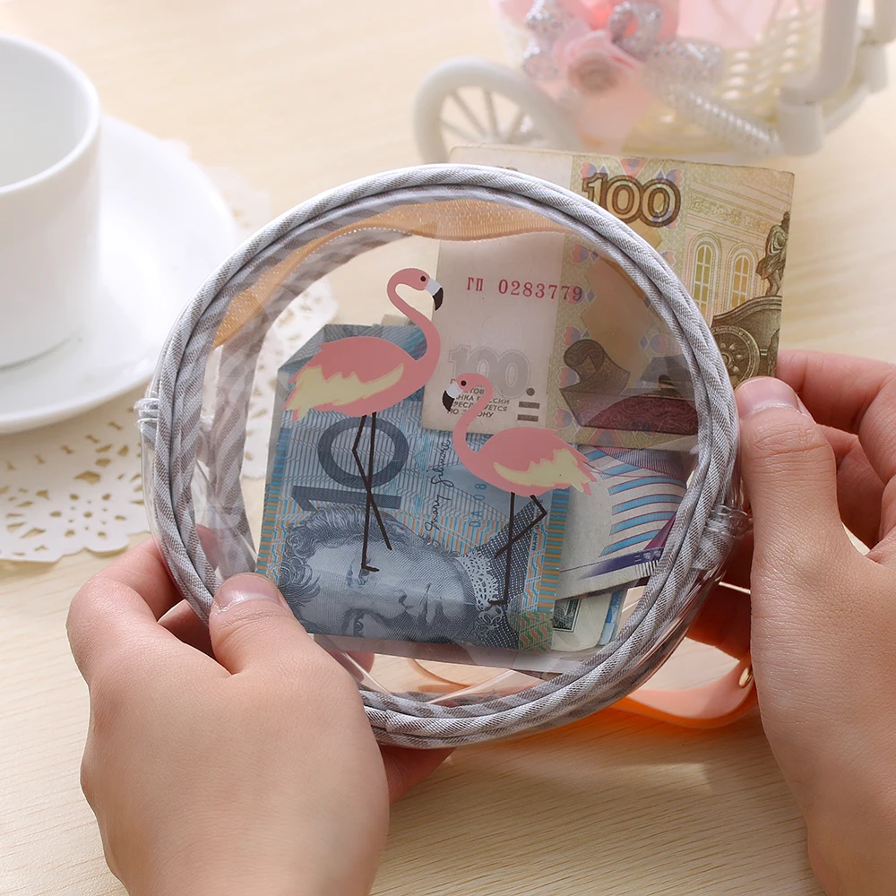 

1PC Flamingos Mini Coin Purse Transparent Wallet Waterproof Zipper Money Pouch Bag Flamingo Print Round Cosmetic Storage Box