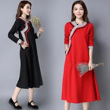 Chinese Style Printing Retro Dress Loose Plus Size Long Sleeve Linen Cotton Casual Women Improved Cheongsam Dresses Red Black