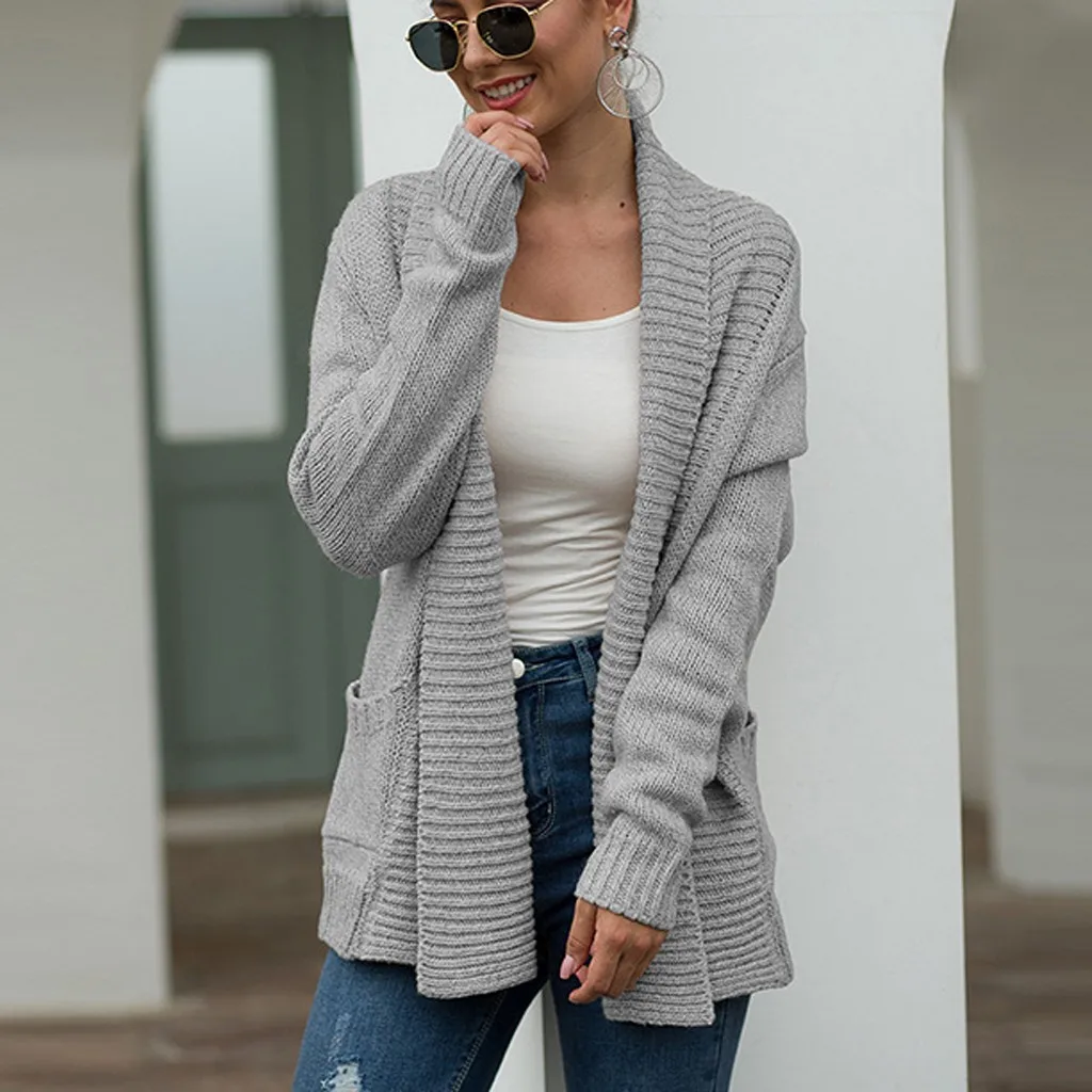 

New Fashion Autumn Winter warm Women Solid long Sleeve Pockets Knitted Sweater Cover Up Cardigan loose blouse 2019