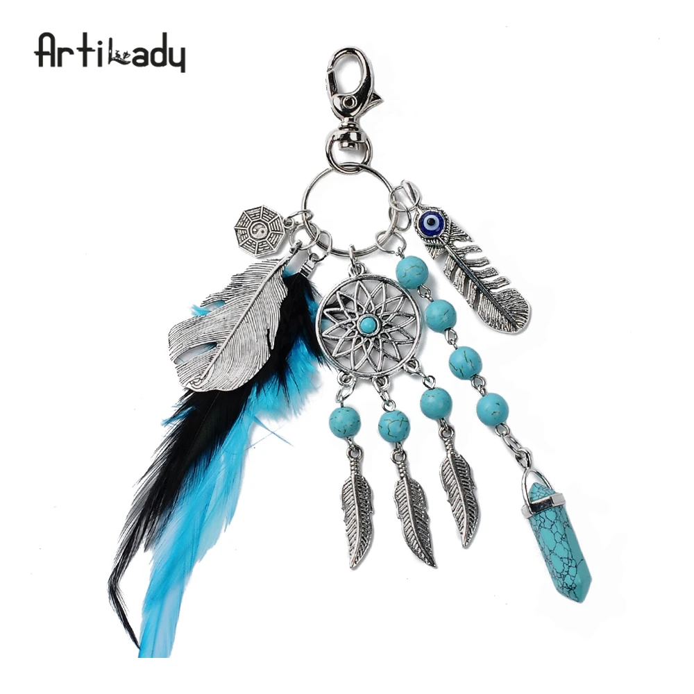 

Artilady dreamcatcher keyring keychain blue feather key chain for women jewelry gift