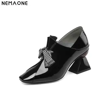 

NEMAONE Genuine Leather strange high heels shoes woman ace up women pumps Classic Spring Autumn Women Shoes large size 43