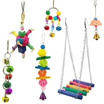 

6PCS/1 Set Parrot Bird Pet Toy Set Multicolor Swing Bells Hanging Bridge Wooden Chewing Colorful Pet Cage 2O81214