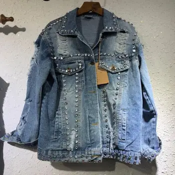 

Jeans Jacket Coat 2020 Spring autumn New Heavy Beaded Diamond Personality Hole Denim Jacket women
