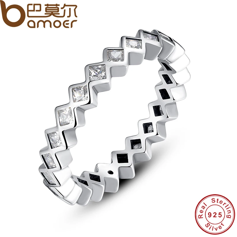 font b BAMOER b font 925 Sterling Silver Alluring Princess Stackable Finger Ring with Clear