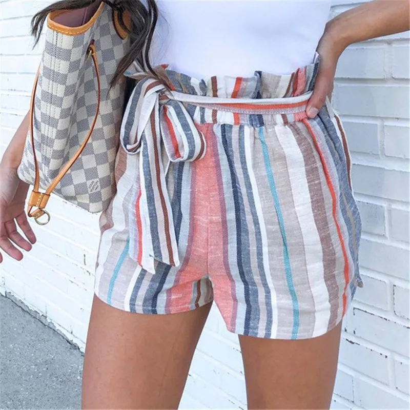 

yashangyi Spodenki Damskie 2019 Summer Fashion Striped Print Shorts Women Drawstring Pockets Short Femme Short Pants Trousers