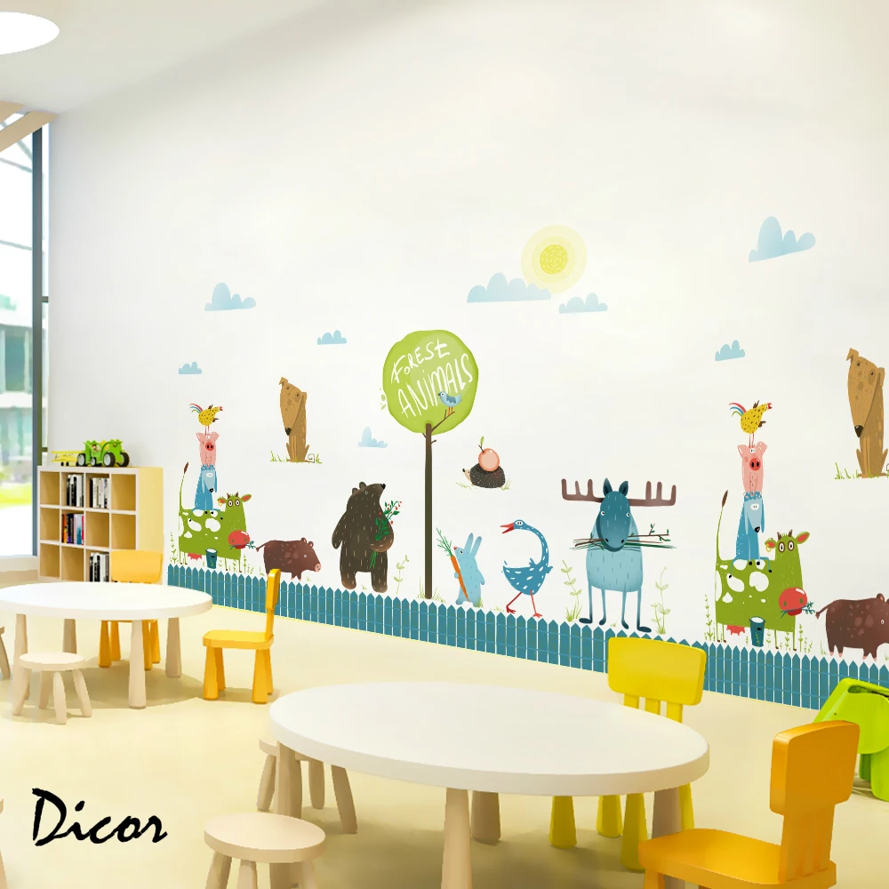 DICOR Brand Wall Stickers For Kids Rooms Nursery Kindergarten Vinyl Removable Wall Sticker Cartoon Animals Creative Decal QT714